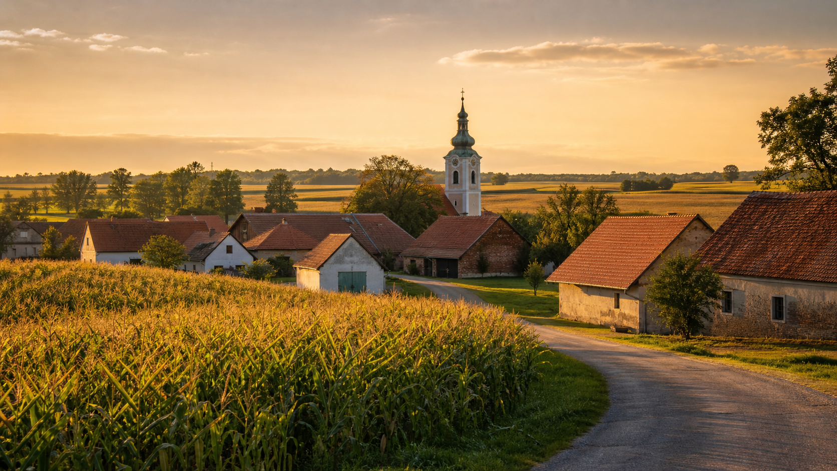 Slovenska vas z opečnatimi strehami in hišami